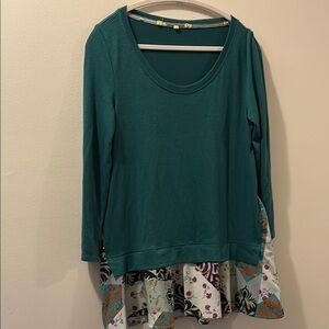Little Yellow Button - Teal Long Sleeve Women's Top with Patterned Hem- medium